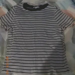 whit, black, and grey stripped casual shirt